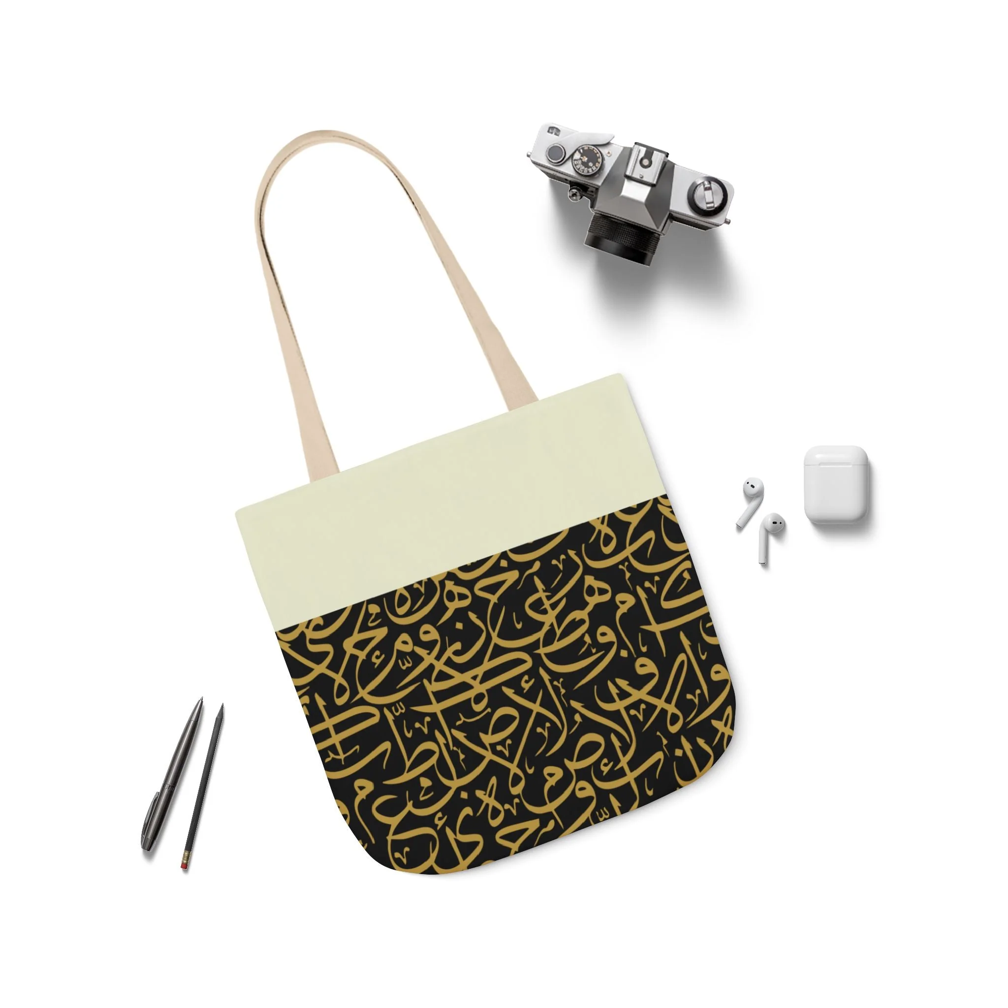 Black and Gold Arabic Letters  Tote Bag, 2-Color Straps - Image 6