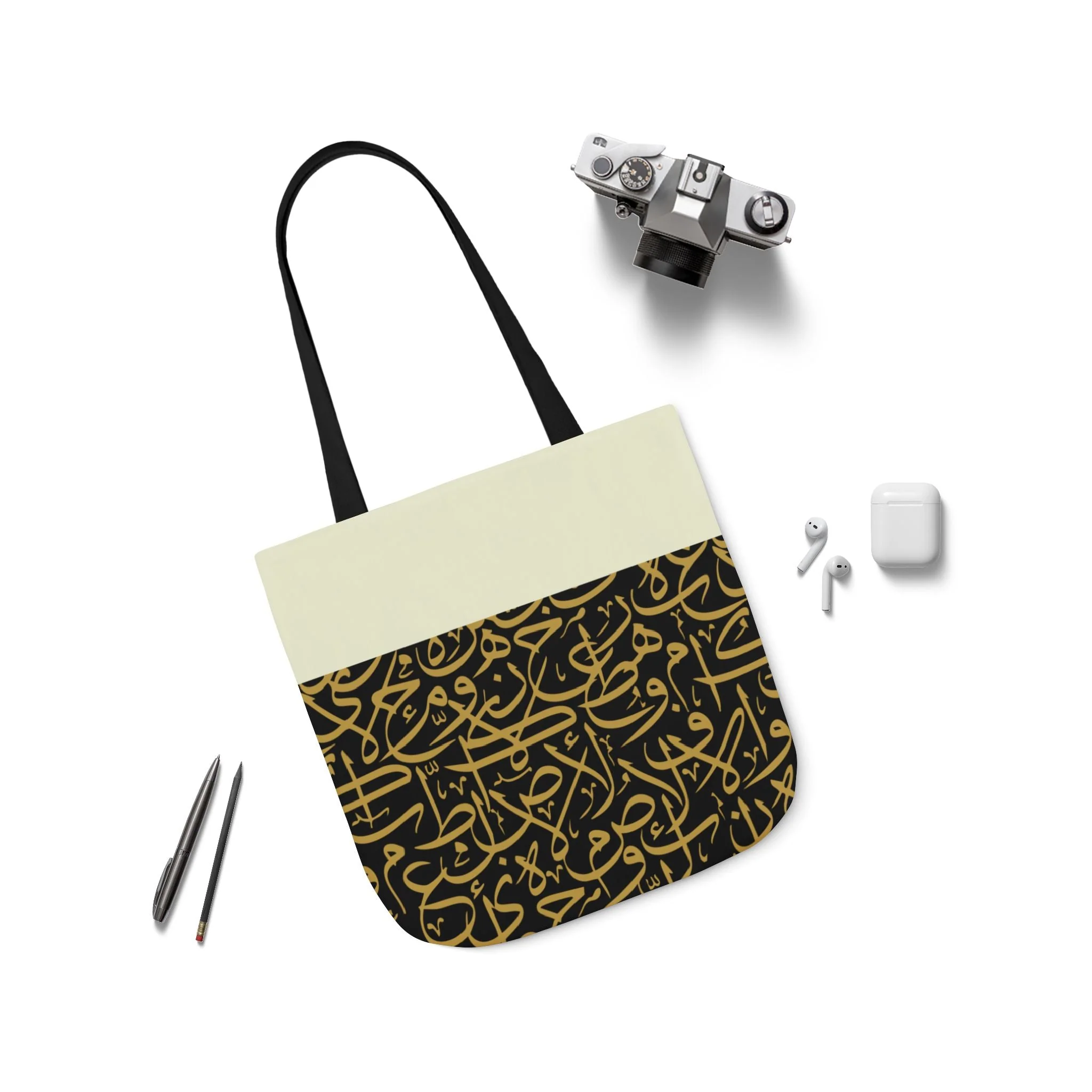 Black and Gold Arabic Letters  Tote Bag, 2-Color Straps - Image 8